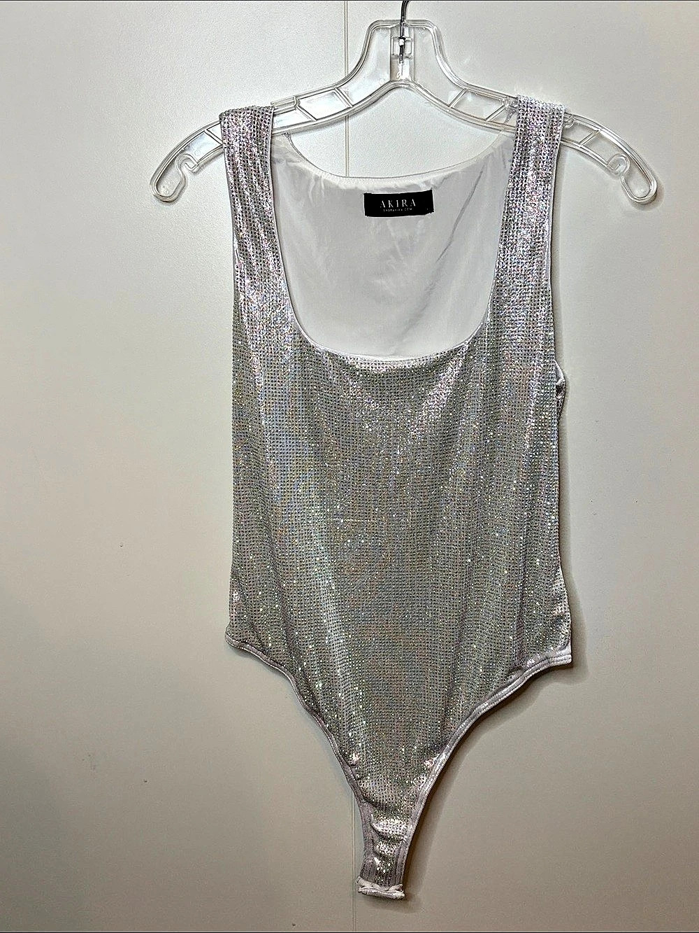 Akira Sequin Bodysuit in Silver Size Large Like New
